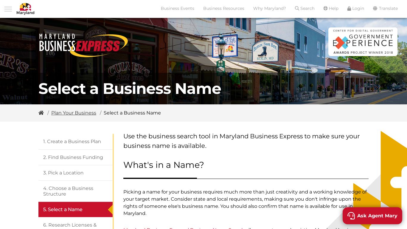 Select a Business Name - Maryland Business Express (MBE)