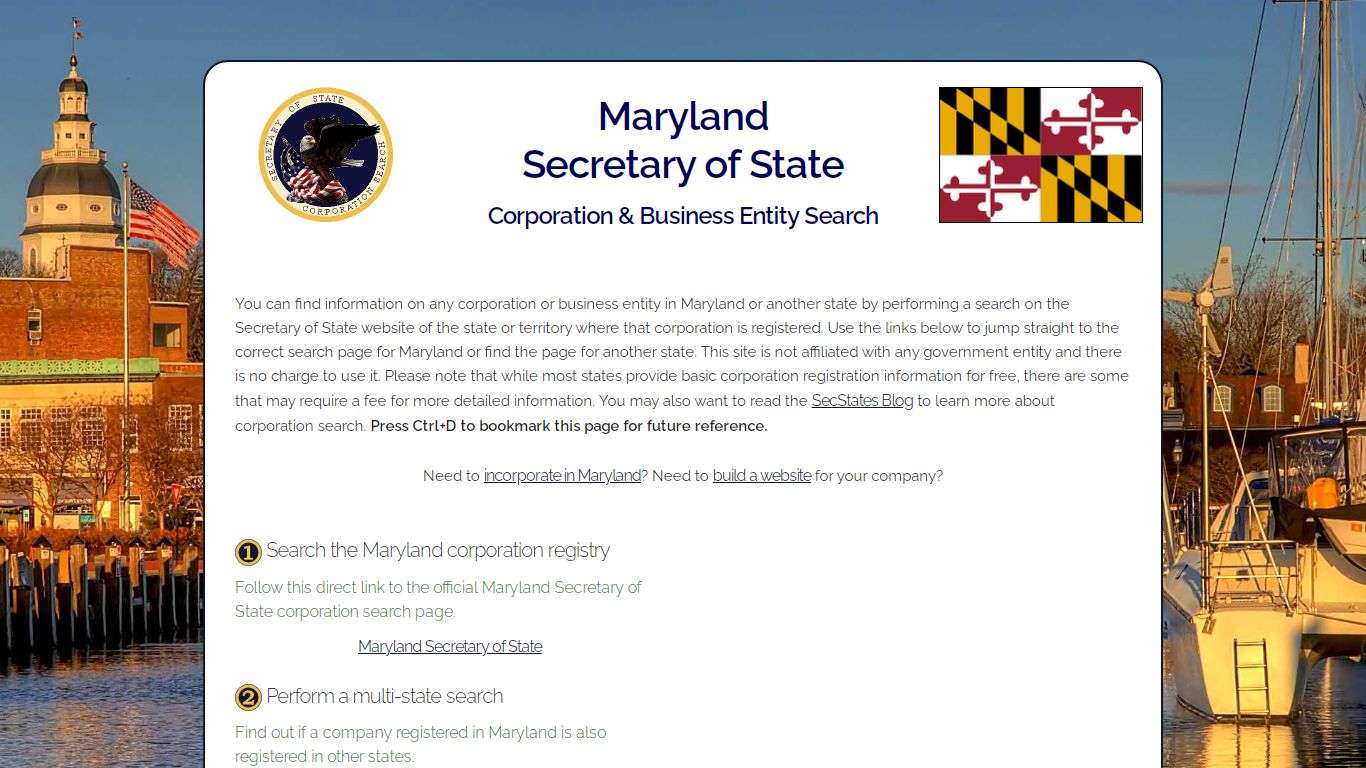 Maryland Secretary of State Corporation and Business Entity Search
