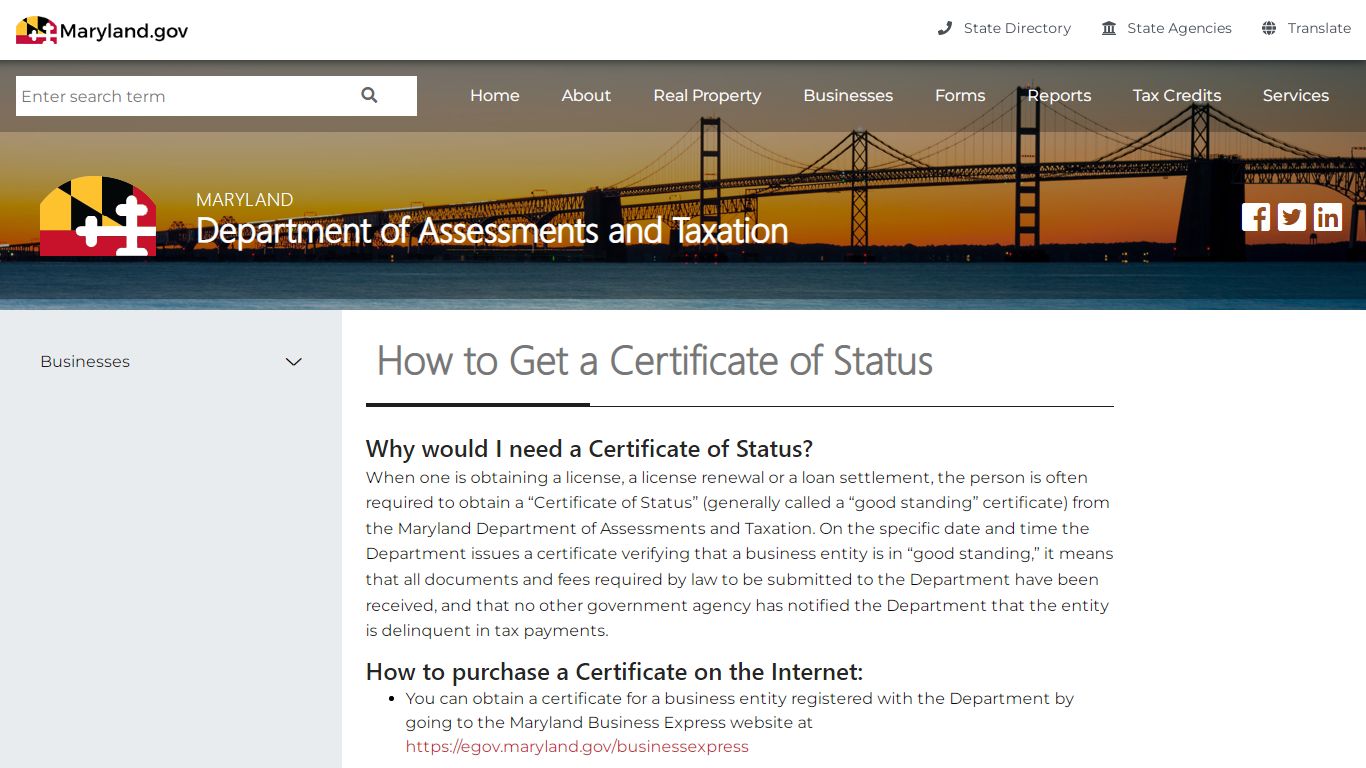 Certificate of Status - Maryland Department of Assessments and Taxation