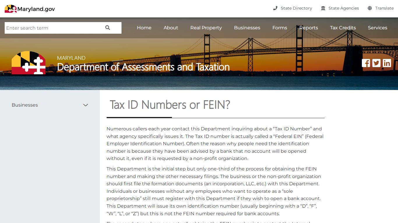 Tax ID Numbers or FEIN? - Maryland Department of Assessments and Taxation